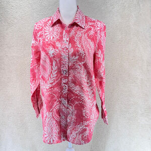 Talbots Linen Boyfriend Shirt M/P Red Paisley Long Sleeve Button Up Collared Top